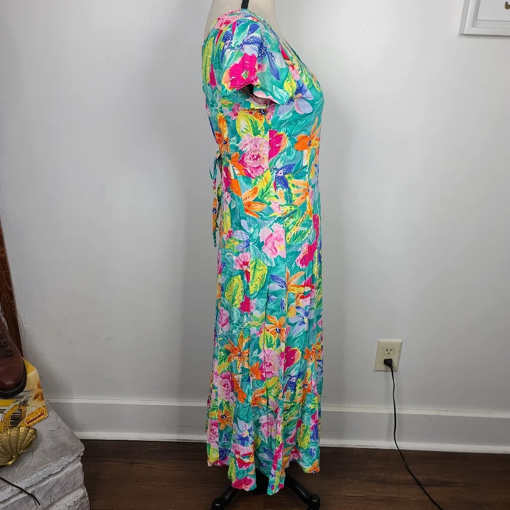 Vtg 80's/90's Jams World Bright Floral Tropical Print Back Tie Sash Midi Dress S - Picture 3 of 14